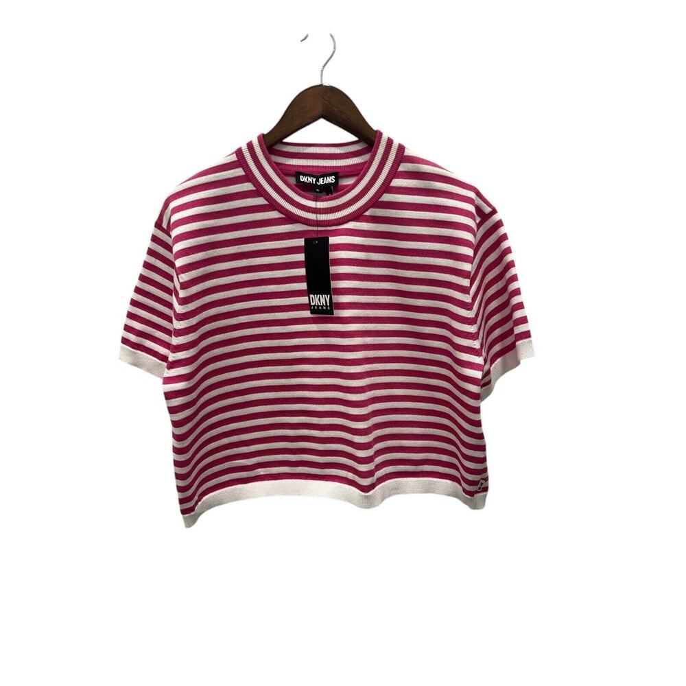 DKNY Jeans Women’s shirt short sleeve Top Blouse Size XL Pink / White